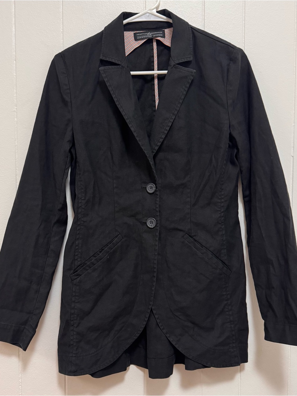 Peruvian Connection Black Cotton Tailored Riding Blazer Jacket Size XS pleated